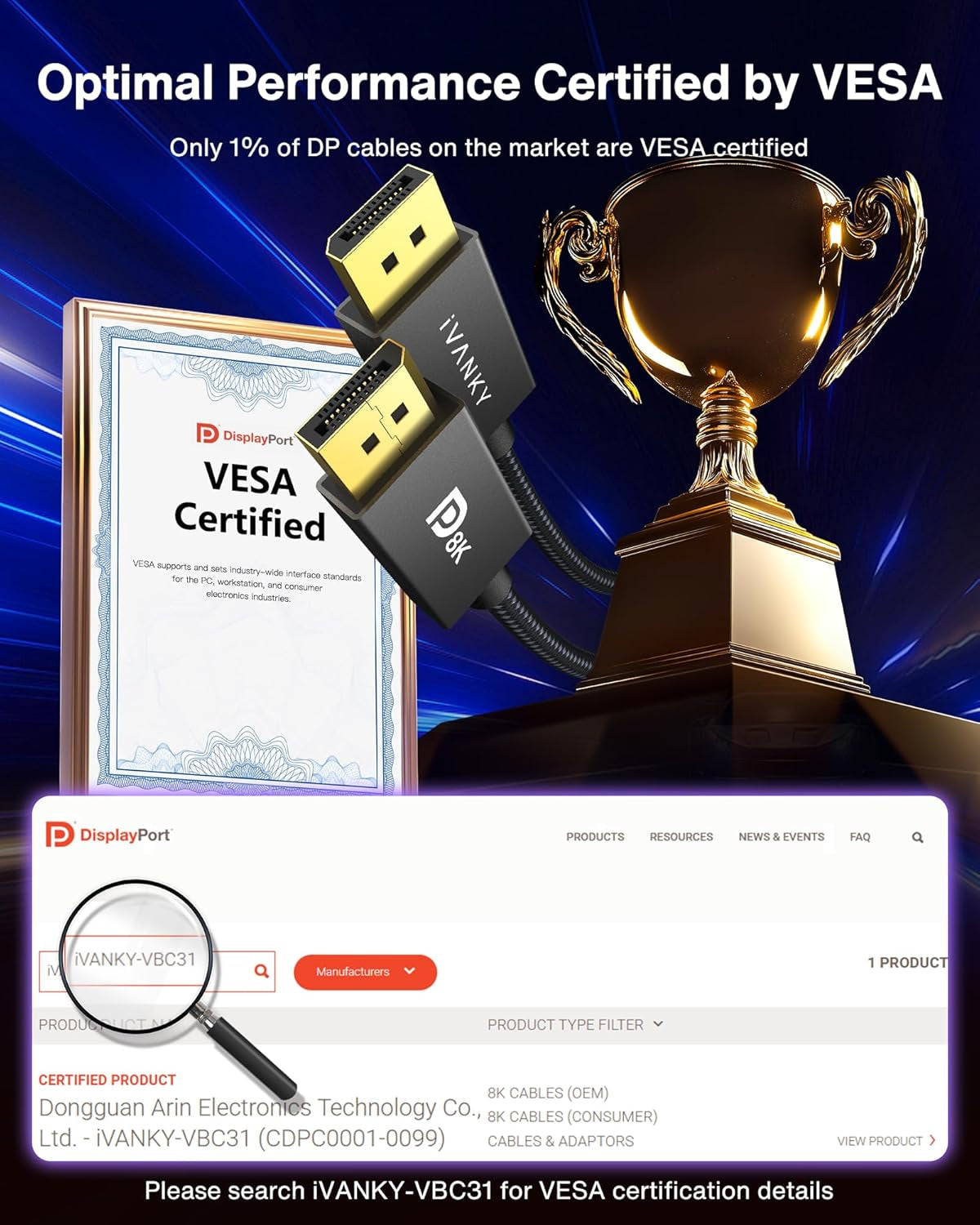 8K VESA Certified Displayport Cable 1.4,  DP Cable 6.6Ft (8K@60Hz, 4K@144Hz, 2K@240Hz)Hbr3 Support 32.4Gbps, HDR, HDCP 2.2, Freesync G-Sync, Braided Display Port for Gaming Monitor, Graphics, PC